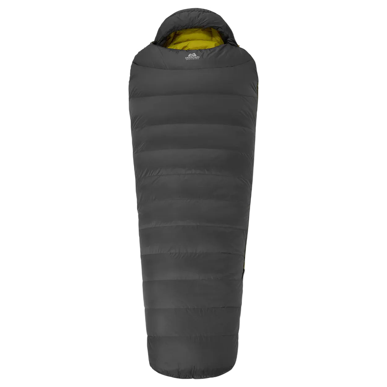 Hood detail on Mountain Equipment Helium GT 400 Sleeping Bag in Anvil Grey showing five-baffle anatomically shaped construction