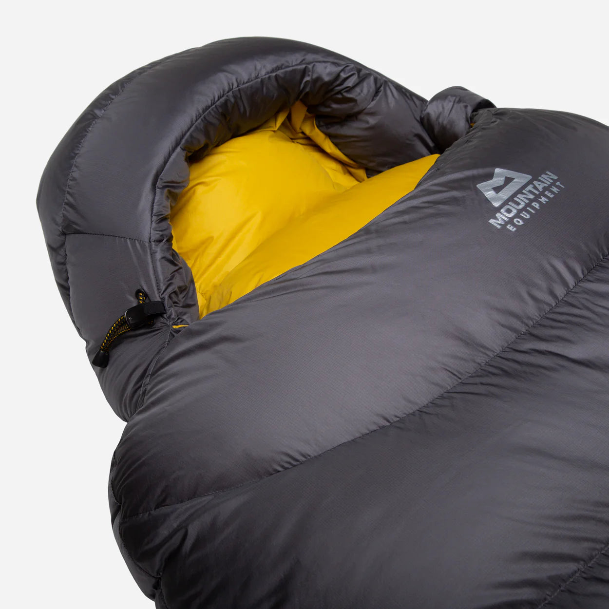 Gemini full-length 140 cm zip baffle detail on Mountain Equipment Helium GT 400 Sleeping Bag in Anvil Grey with Lode Lock magnetic closure and integrated neck collar