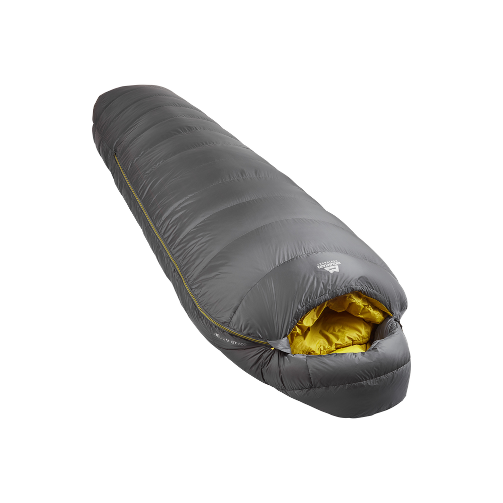 Mountain Equipment Helium GT 600 Sleeping Bag in Anvil Grey - front view showing recycled Helium 20D outer and roomy GT fit