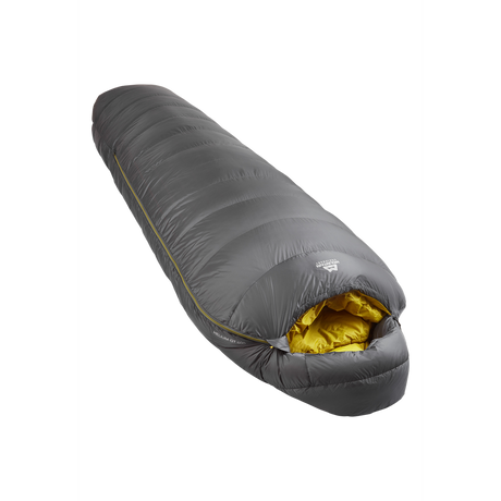 Mountain Equipment Helium GT 600 Sleeping Bag in Anvil Grey - front view showing recycled Helium 20D outer and roomy GT fit