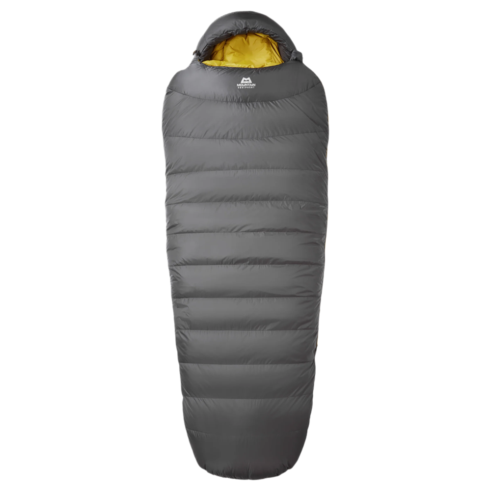 Hood detail on Mountain Equipment Helium GT 600 Sleeping Bag in Anvil Grey showing five-baffle anatomically shaped construction