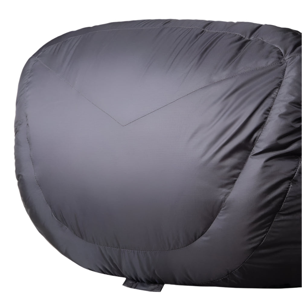 Mountain Equipment Helium GT 600 Sleeping Bag in Anvil Grey - lifestyle view showing roomy GT fit sleeping bag for extended spring and autumn trekking