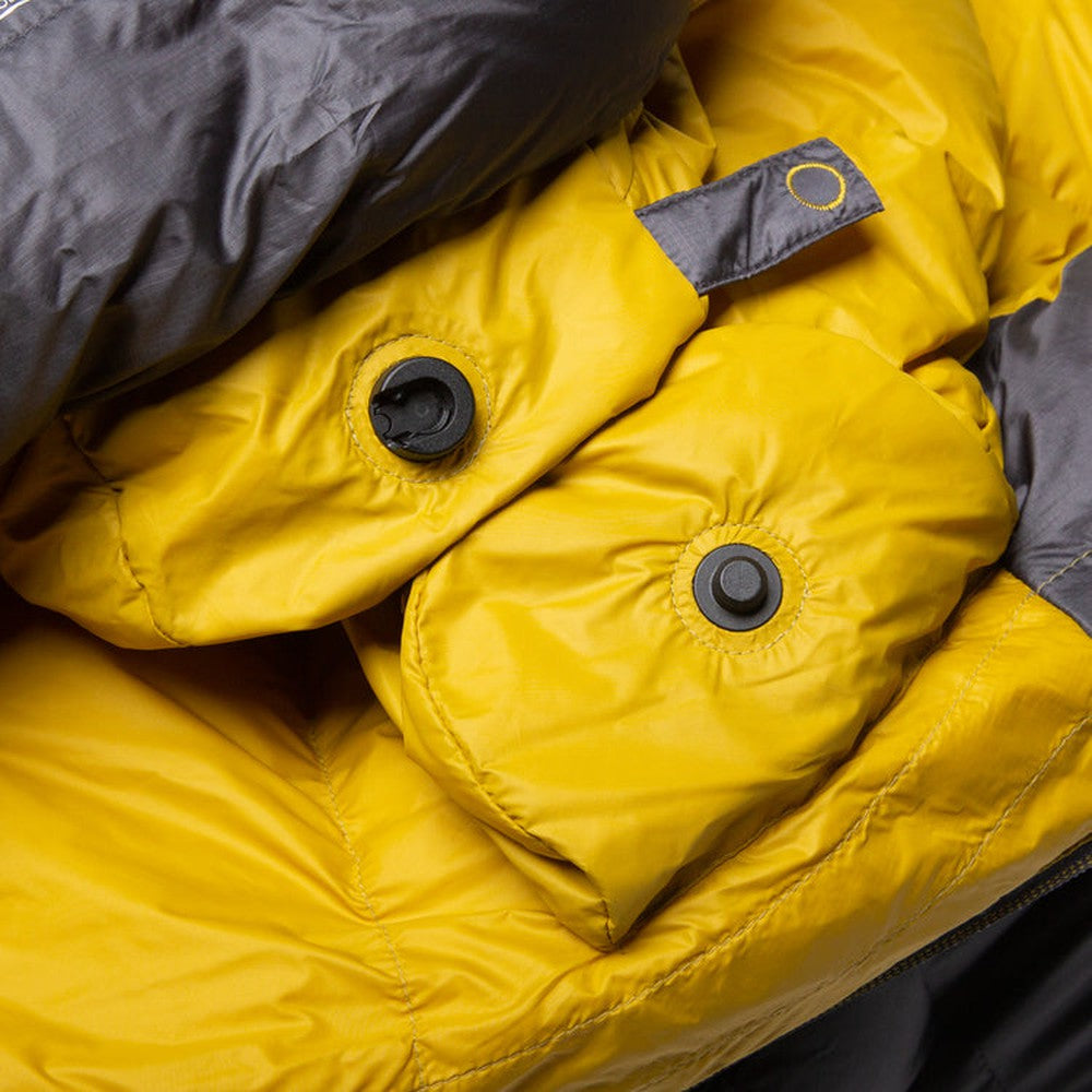 Recycled Supersoft 20D lining detail on Mountain Equipment Helium GT 600 Sleeping Bag in Anvil Grey showing PFAS-free DWR finish