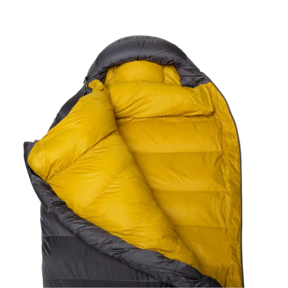 Foot box detail on Mountain Equipment Helium GT 800 Sleeping Bag in Anvil Grey showing four-baffle anatomically shaped and offset construction