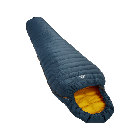 Mountain Equipment Helium Solo Sleeping Bag in Majolica Blue - front view showing recycled Helium 20D outer and Alpine 2.0 fit