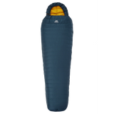 Mountain Equipment Helium Solo Sleeping Bag in Majolica Blue packed into lightweight stuff sack showing ultra-compact 22 x 11 x 11 cm packed size