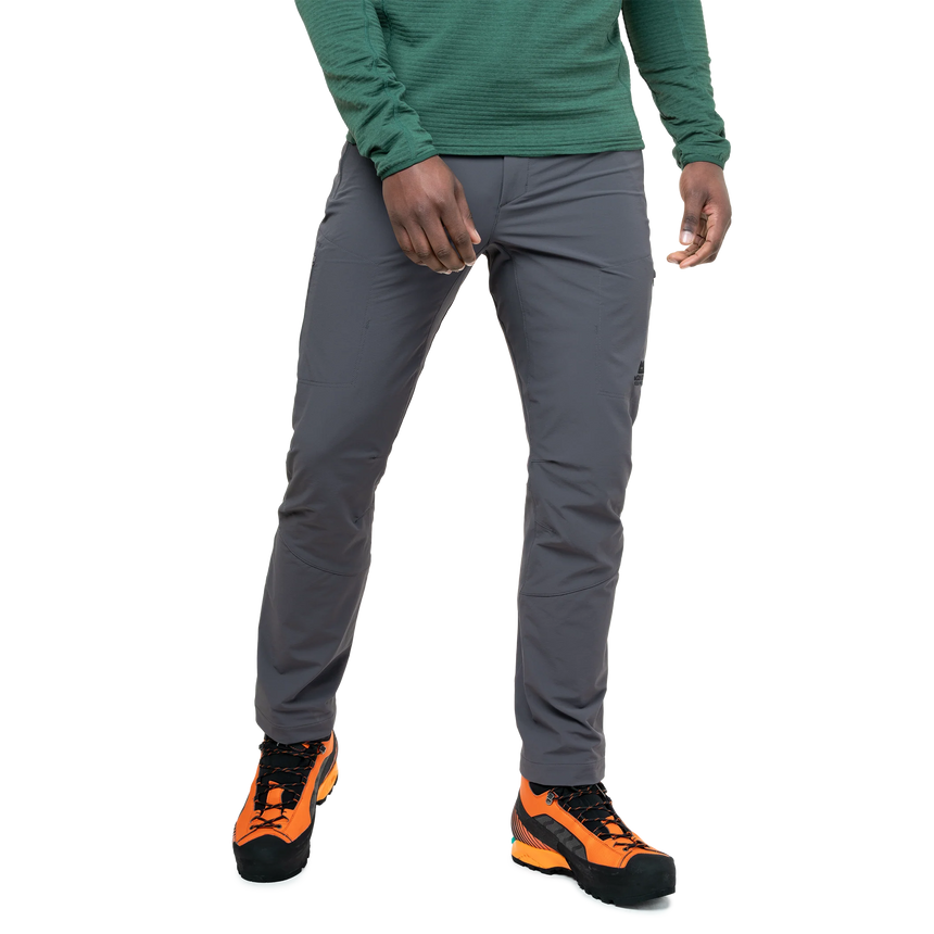 Zipped hand pocket detail on Mountain Equipment Ibex Mountain Men's Pant in Anvil Grey