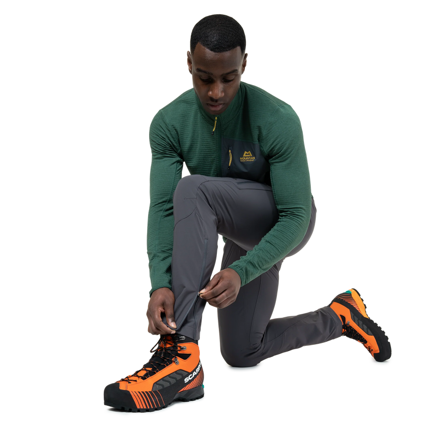 Zipped thigh pocket with mesh lining detail on Mountain Equipment Ibex Mountain Men's Pant in Anvil Grey