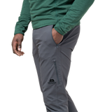 Close-up of integrated belt and microfleece-lined waistband on Mountain Equipment Ibex Mountain Men's Pant in Anvil Grey