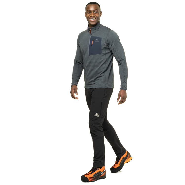 EXOLITE 210 stretch softshell fabric detail on Mountain Equipment Ibex Mountain Men's Pant in Black