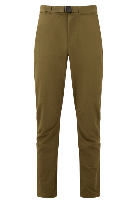 Mountain Equipment Ibex Mountain Men's Pant in Dark Olive - front view showing integrated belt and zip pockets