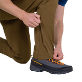 EXOLITE 210 stretch softshell fabric detail on Mountain Equipment Ibex Mountain Men's Pant in Desert Palm