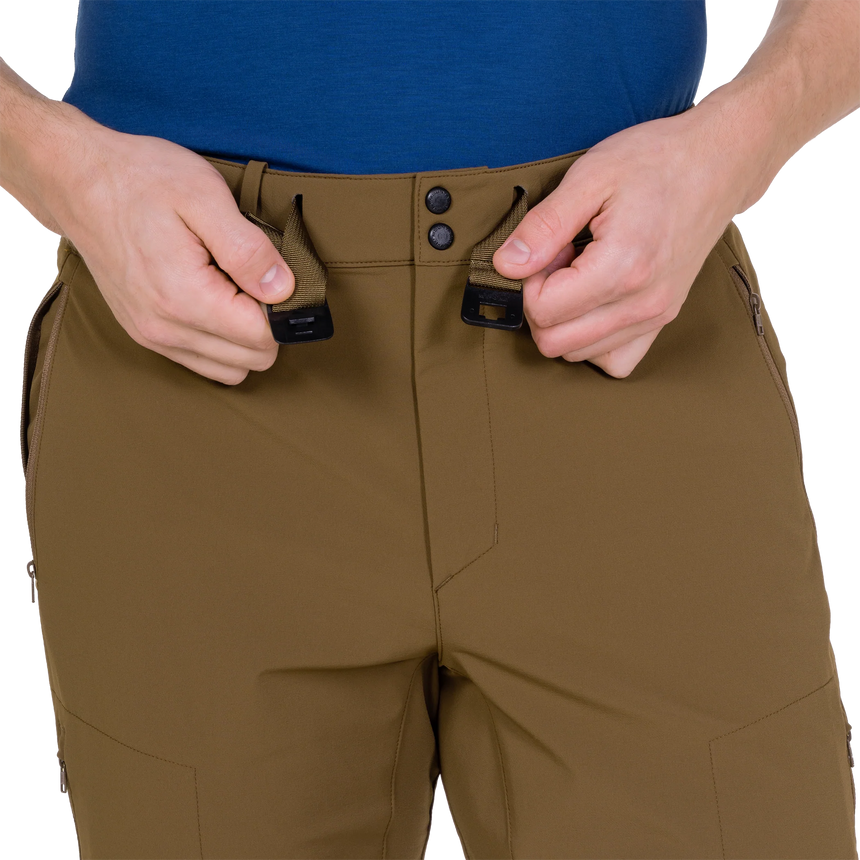 Zipped hand pocket detail on Mountain Equipment Ibex Mountain Men's Pant in Desert Palm