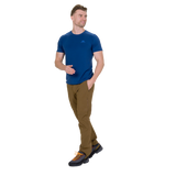 Close-up of integrated belt and double press-stud waist closure on Mountain Equipment Ibex Mountain Men's Pant in Desert Palm