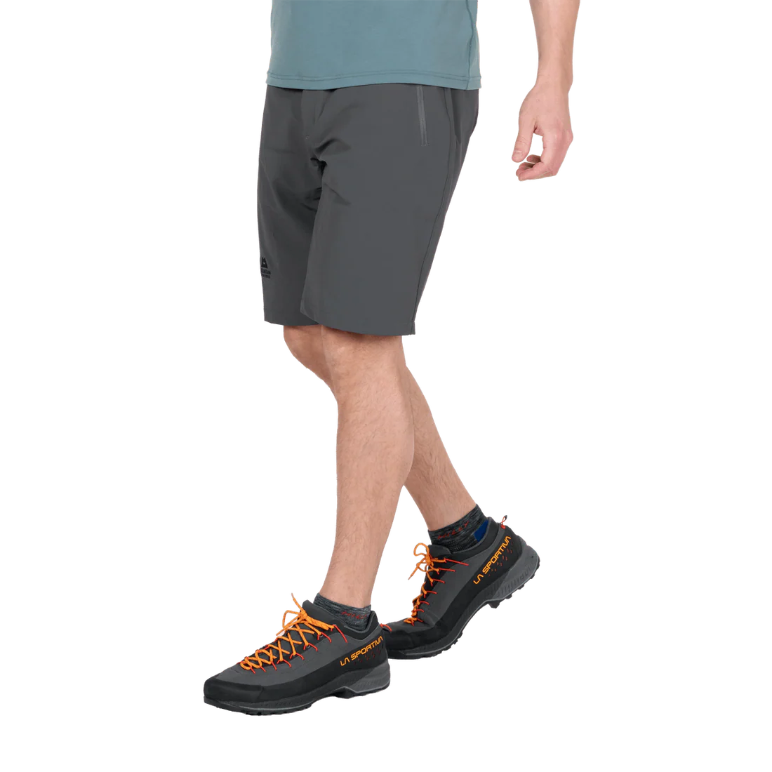 Mountain Equipment Ibex Mountain Men's Short in Anvil Grey - left side view showing thigh pocket