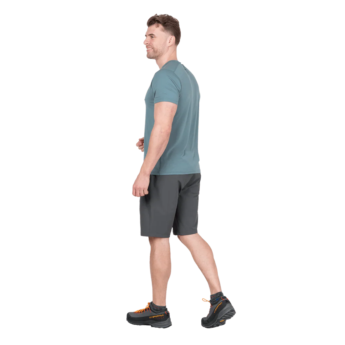 Mountain Equipment Ibex Mountain Men's Short in Anvil Grey - right side view showing Alpine Fit
