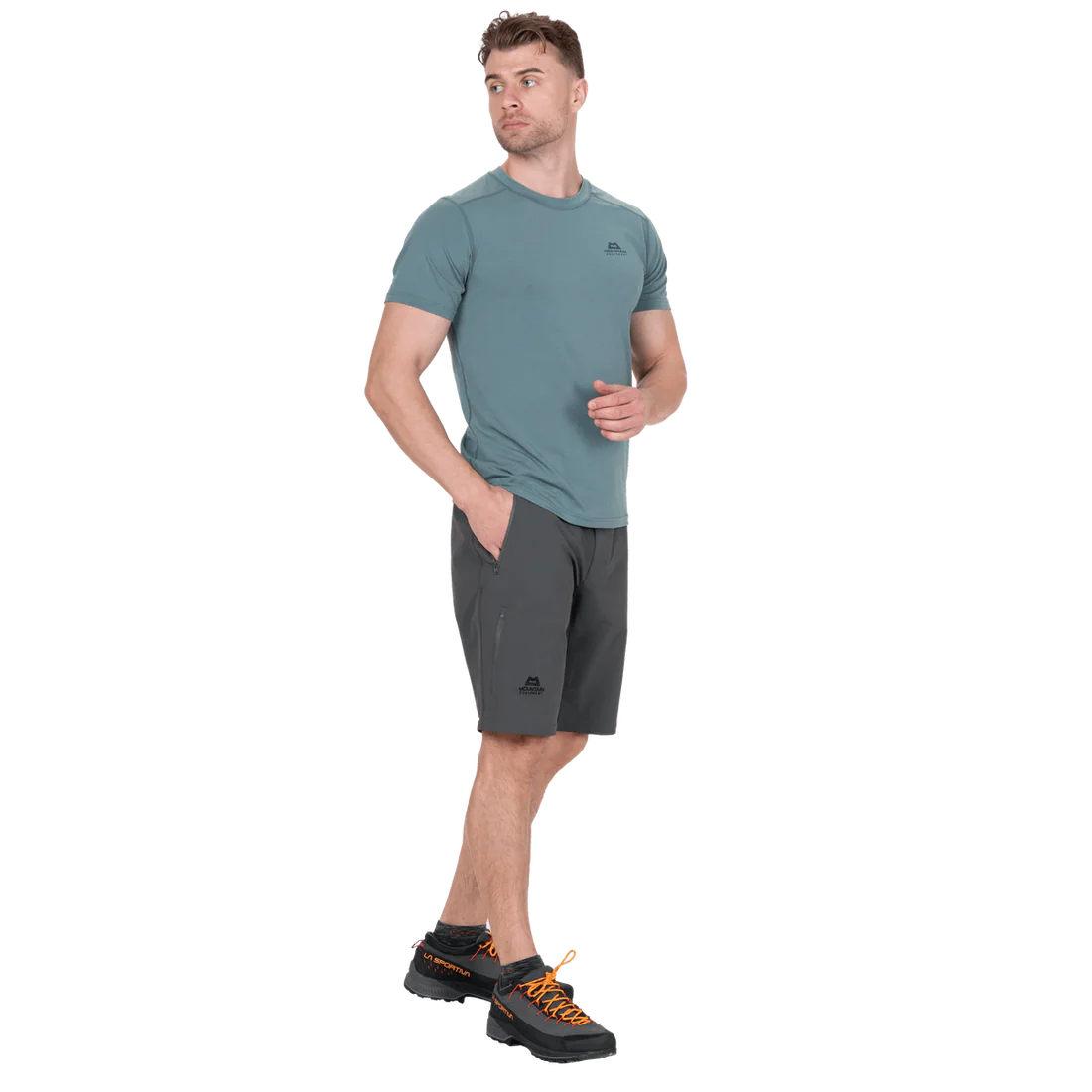 Zipped thigh pocket with mesh lining detail on Mountain Equipment Ibex Mountain Men's Short in Anvil Grey