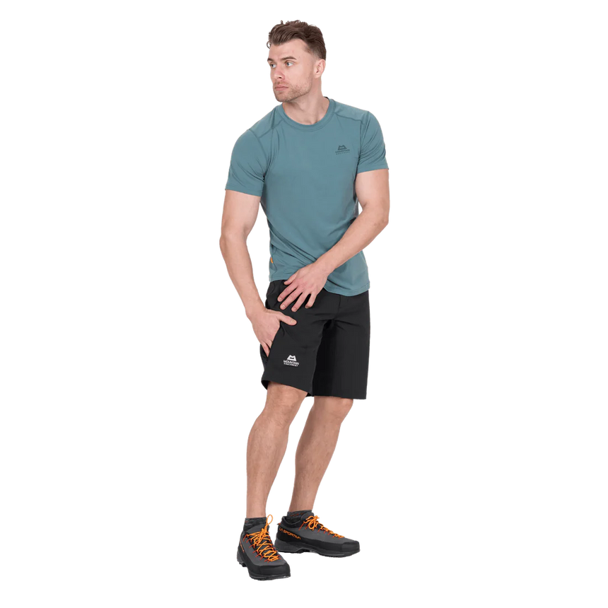 Zipped hand pocket detail on Mountain Equipment Ibex Mountain Men's Short in Black