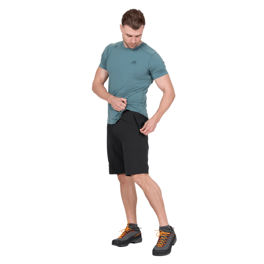 Mountain Equipment Ibex Mountain Men's Short in Black - left side view showing thigh pocket