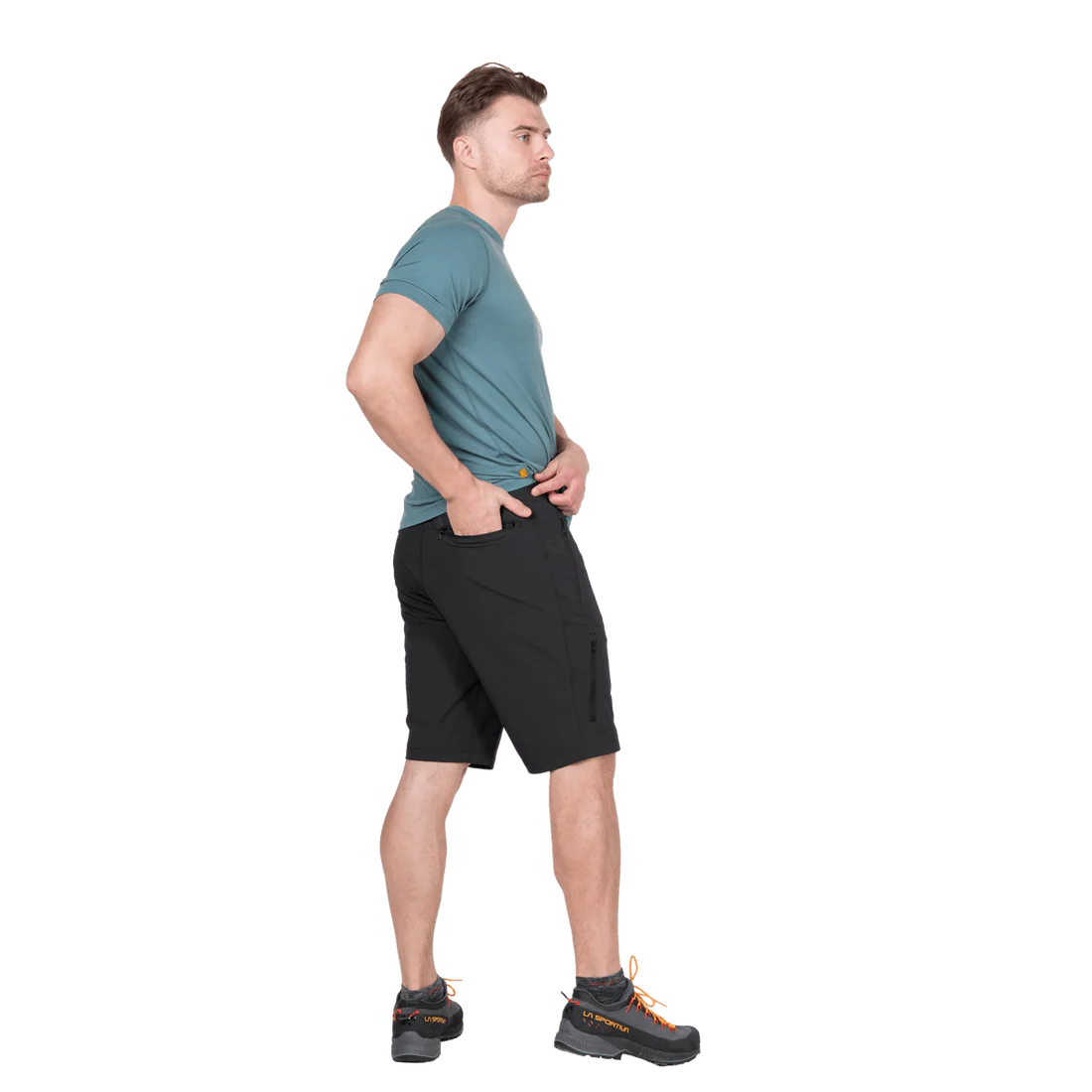 Mountain Equipment Ibex Mountain Men's Short in Black - right side view showing Alpine Fit