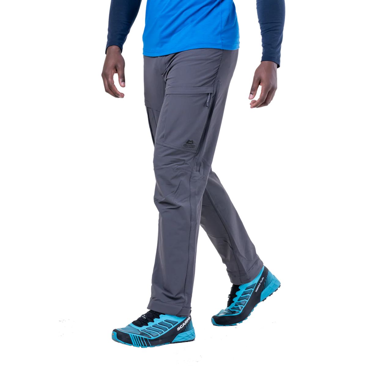 Mountain Equipment Ibex Pro Men's Pant in Anvil Grey - left side view showing thigh pocket and vent