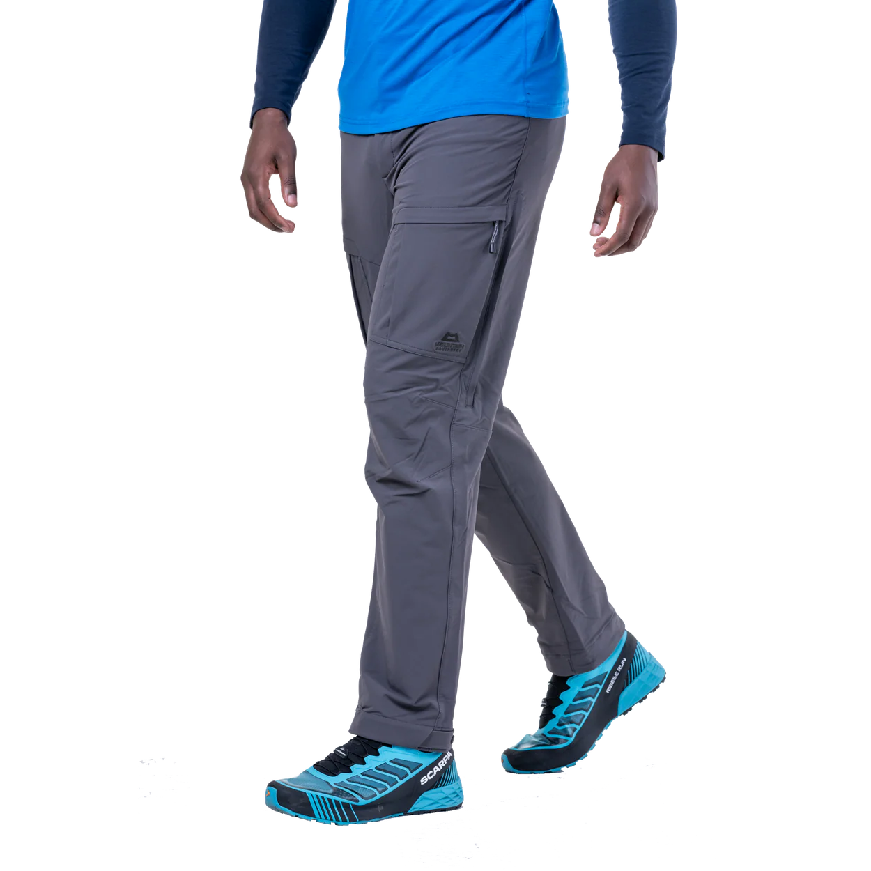 Mountain Equipment Ibex Pro Men's Pant in Anvil Grey - left side view showing thigh pocket and vent