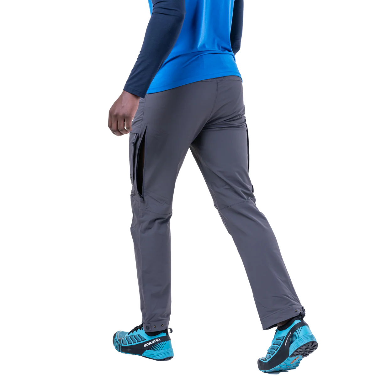 Mountain Equipment Ibex Pro Men's Pant in Anvil Grey - right side view showing Mountain Fit