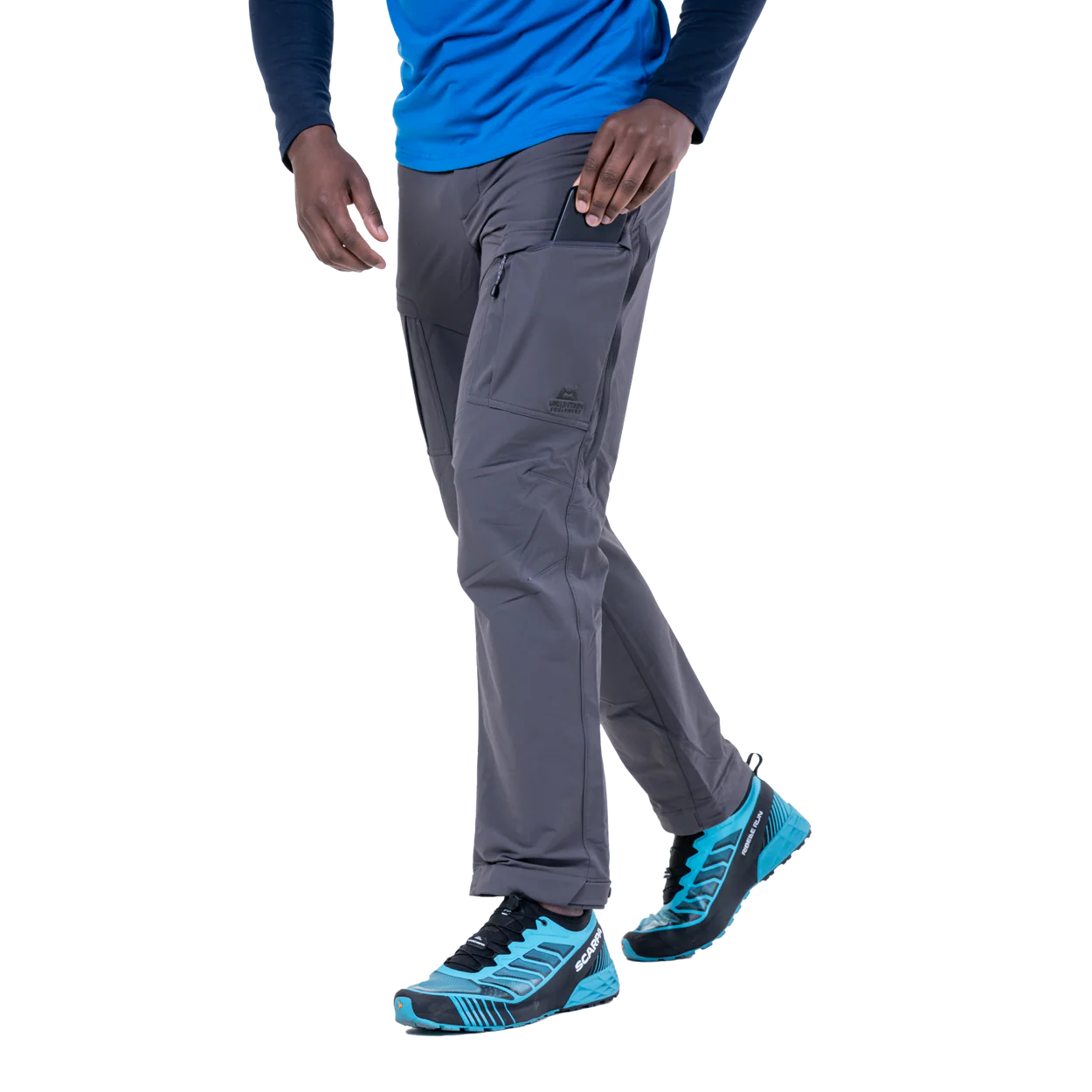 Thigh vent detail on Mountain Equipment Ibex Pro Men's Pant in Anvil Grey for temperature regulation