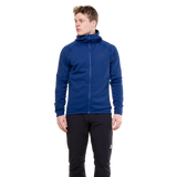 Mountain Equipment Jorasses Hooded Men's Jacket in Admiral Blue - back view showing self-fabric hood and overlocked construction