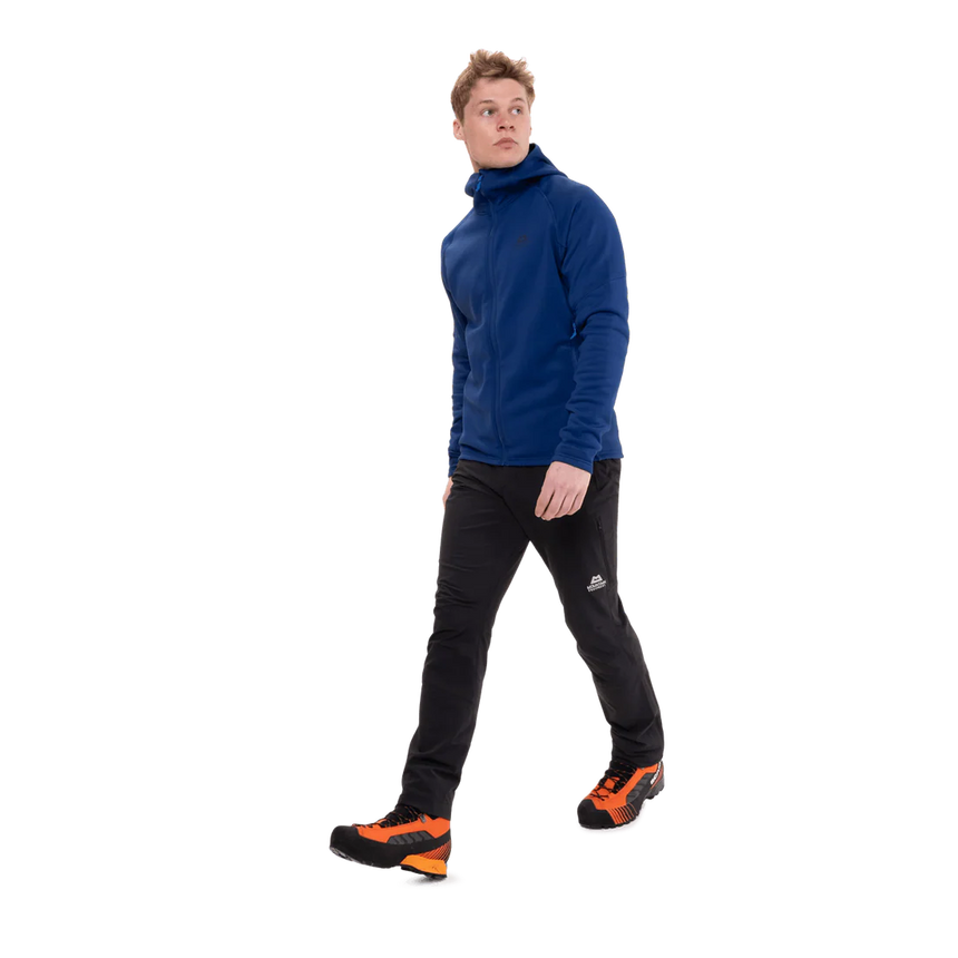 YKK centre front zip detail on Mountain Equipment Jorasses Hooded Men's Jacket in Admiral Blue