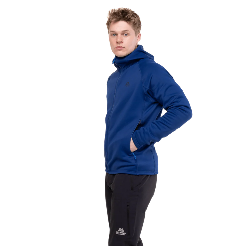Zipped hand warmer pocket detail on Mountain Equipment Jorasses Hooded Men's Jacket in Admiral Blue
