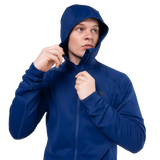 Mountain Equipment Jorasses Hooded Men's Jacket in Admiral Blue - lifestyle view showing warm stretch fleece for mountaineering and skiing