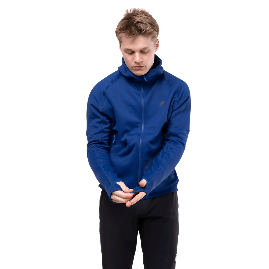 Mountain Equipment Jorasses Hooded Men's Jacket in Admiral Blue - side view showing regular fit and YKK centre front zip