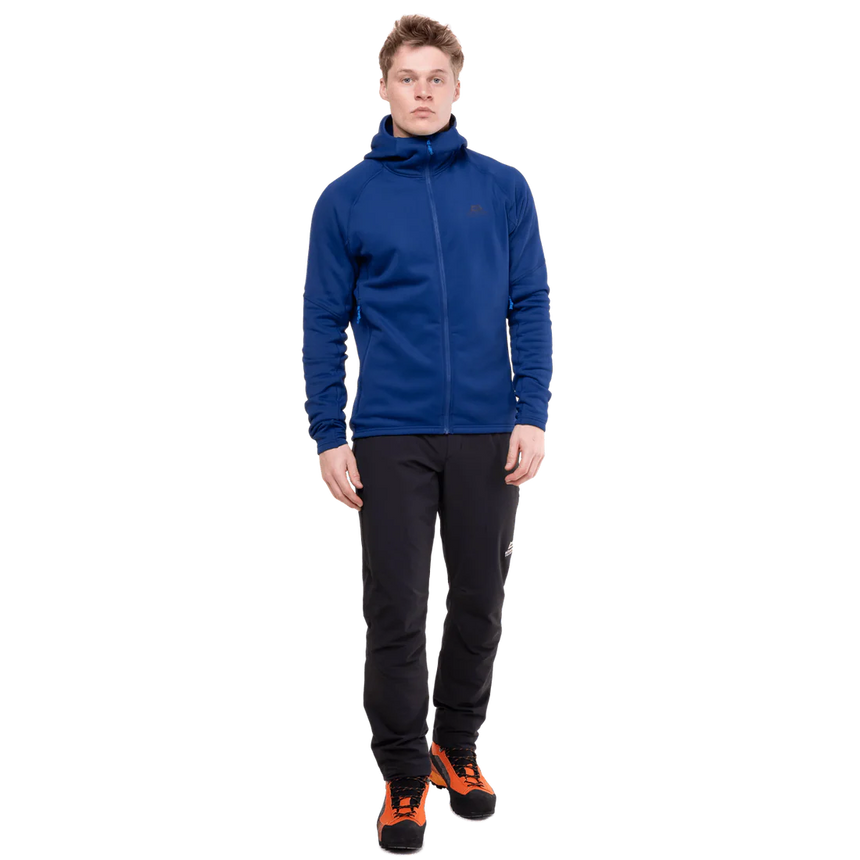 Mountain Equipment Jorasses Hooded Men's Jacket in Admiral Blue - three quarter view showing regular fit and Powerfleece fabric