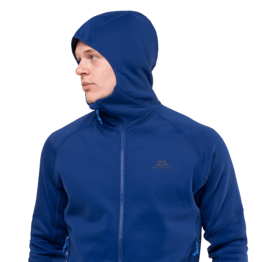 Thumb loop detail on Mountain Equipment Jorasses Hooded Men's Jacket in Admiral Blue for extra warmth on windswept plateaus