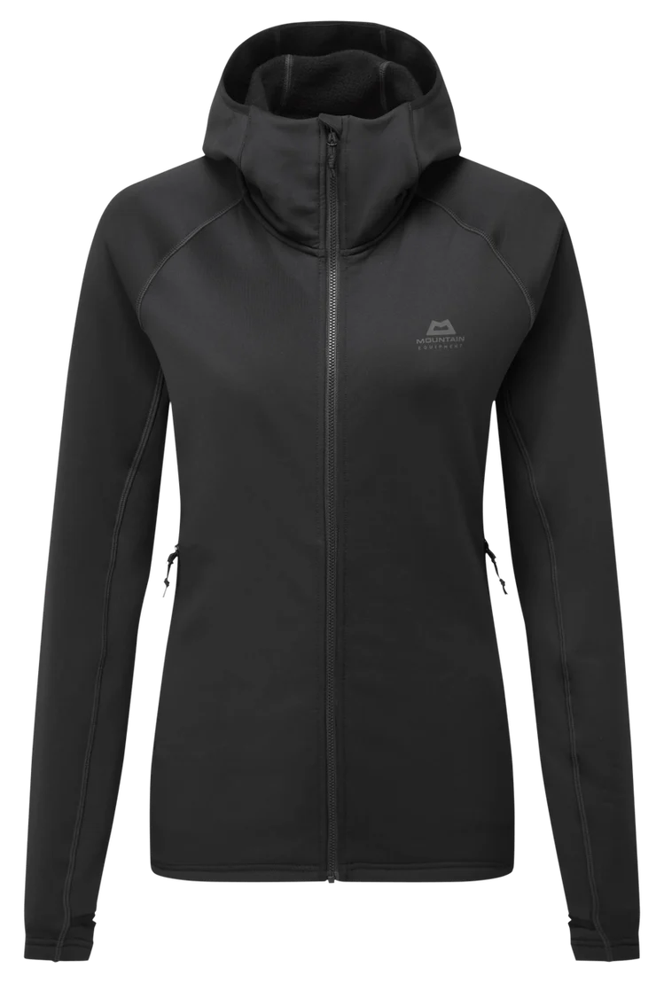 Mountain Equipment Jorasses Hooded Women's Jacket in Black - front view showing 263 g/m² Powerfleece fabric and regular fit