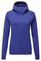 Mountain Equipment Jorasses Hooded Women's Jacket in Clematis - front view showing 263 g/m² Powerfleece fabric and regular fit
