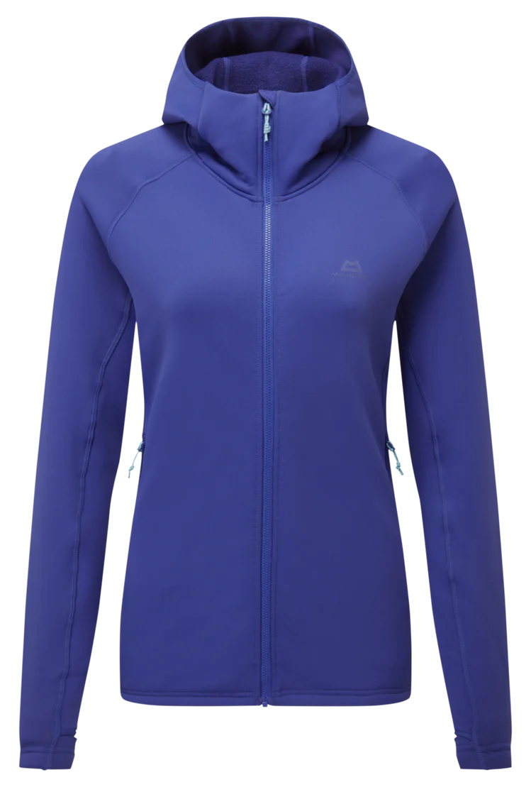 Mountain Equipment Jorasses Hooded Women's Jacket in Clematis - front view showing 263 g/m² Powerfleece fabric and regular fit