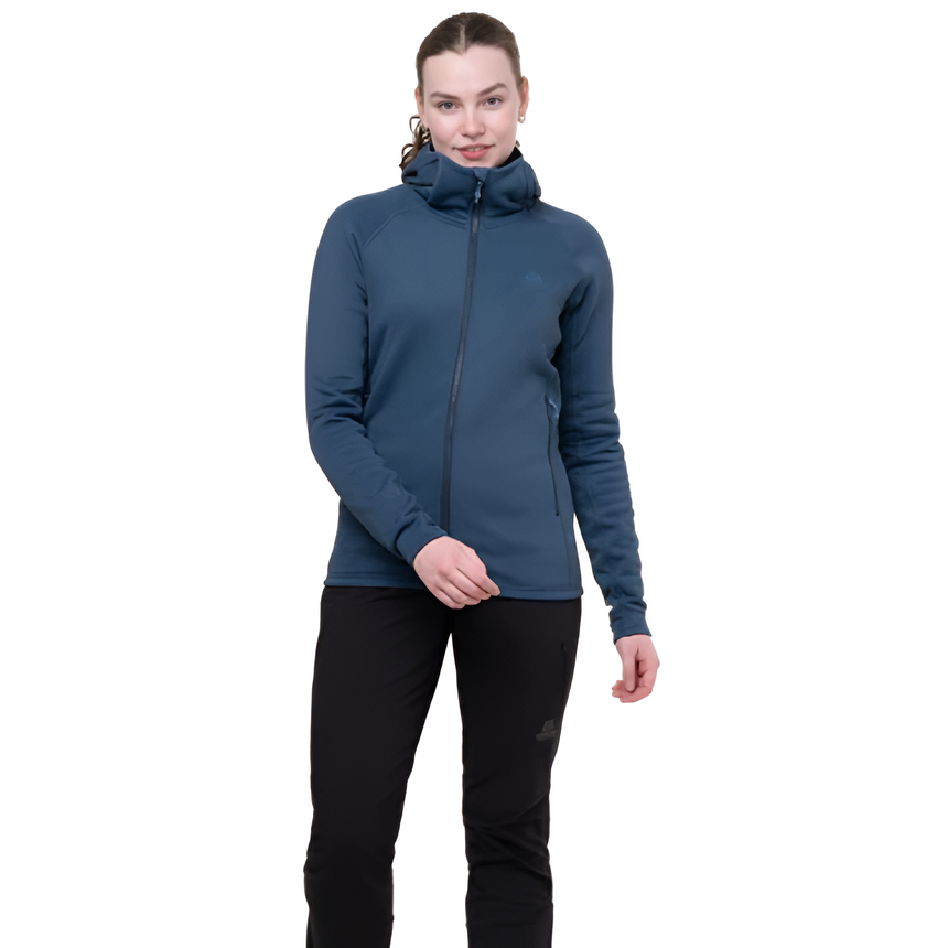 YKK centre front zip detail on Mountain Equipment Jorasses Hooded Women's Jacket in Cosmos