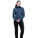 Zipped hand warmer pocket detail on Mountain Equipment Jorasses Hooded Women's Jacket in Cosmos