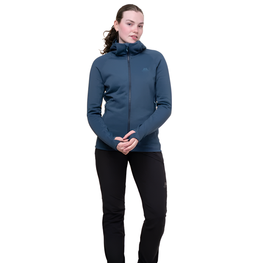 Zipped hand warmer pocket detail on Mountain Equipment Jorasses Hooded Women's Jacket in Cosmos