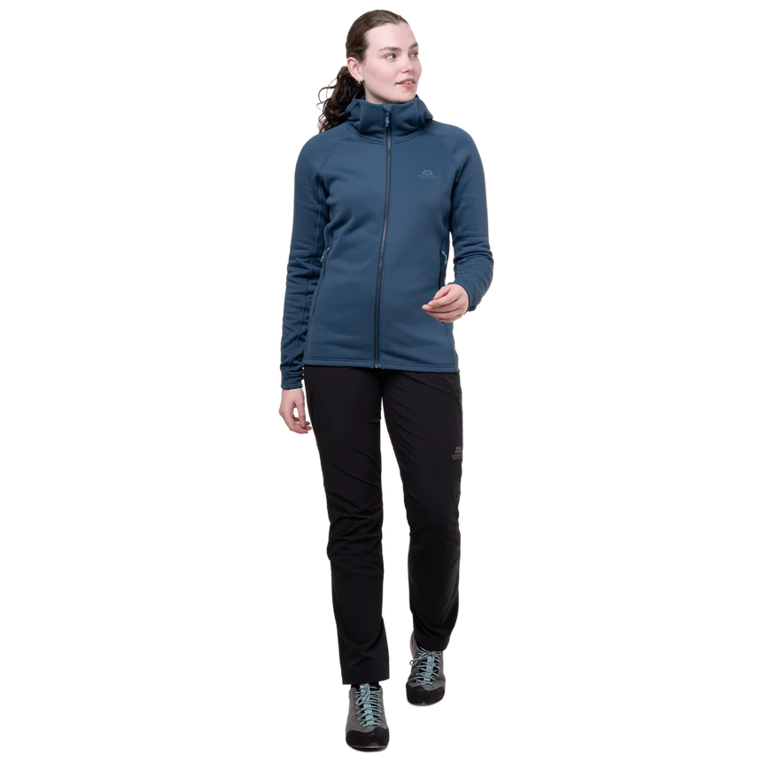 Mountain Equipment Jorasses Hooded Women's Jacket in Cosmos - side view showing regular fit and YKK centre front zip
