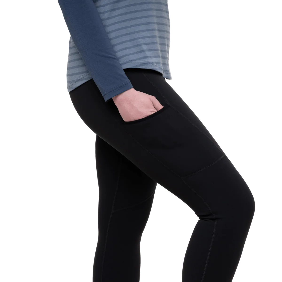 Wide stretch waistband with drawcord adjustment detail on Mountain Equipment Jorasses Lite Women's Tight in Black