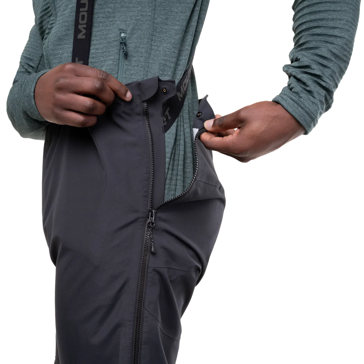 Mountain Equipment Karakoram Mountain Men's Pant in Black - left side view showing full-length two-way side zip