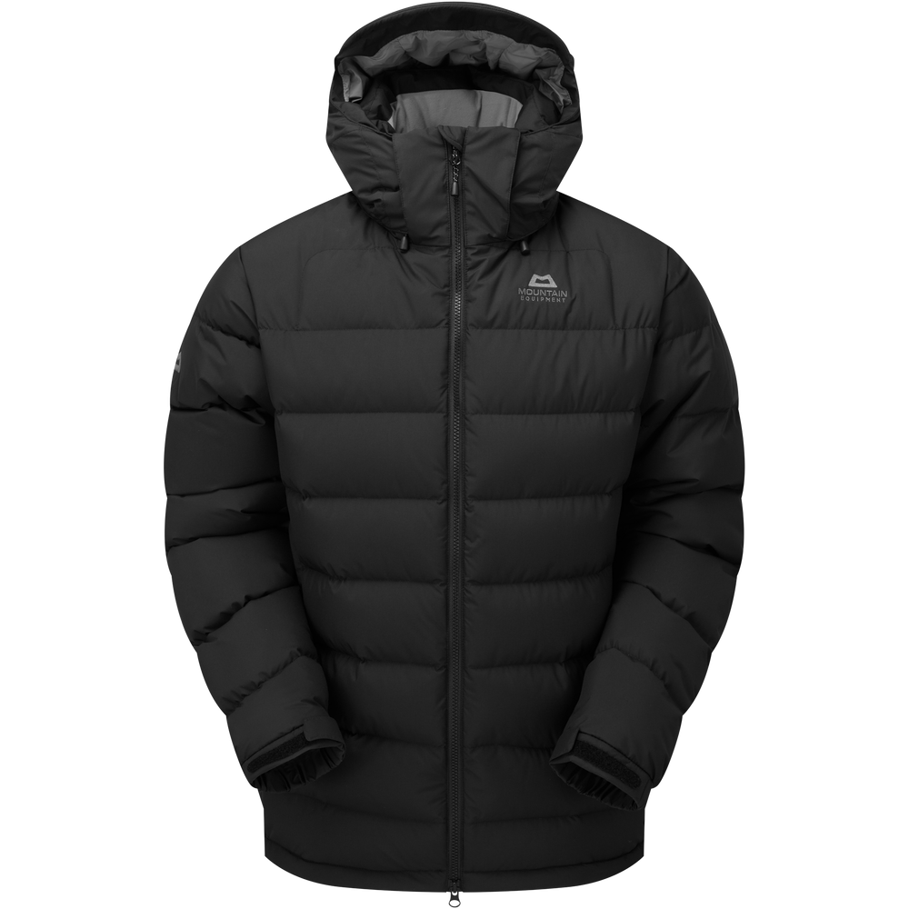 Mountain Equipment Lightline Eco Men's Jacket in Black - front view showing Drilite Loft 50D outer and zip-off Mountain Insulated Hood
