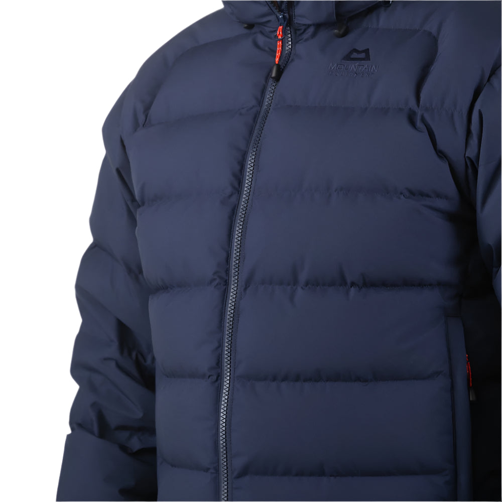 Mountain Equipment Lightline Eco Men's Jacket in Cosmos - lifestyle view showing sustainable technical duvet jacket for mountaineering in sub-zero conditions