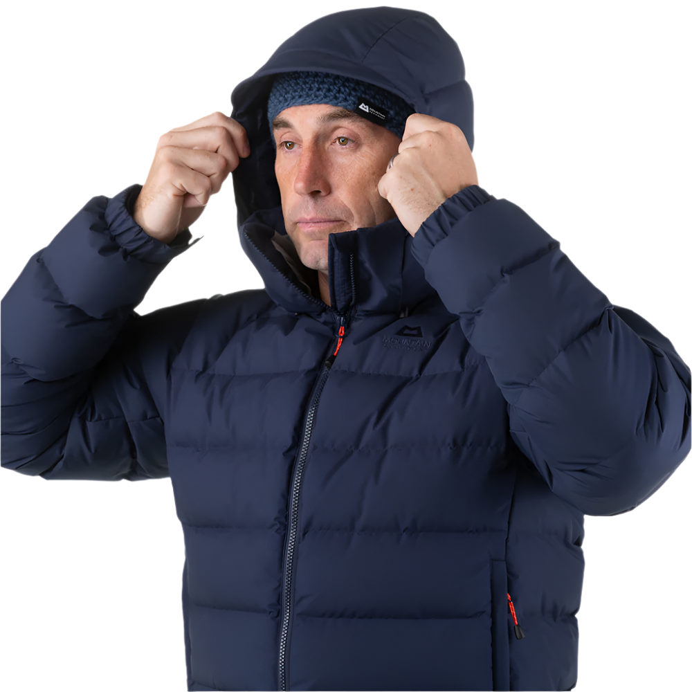 Mountain Equipment Lightline Eco Men's Jacket in Cosmos packed down showing lightweight packable construction with 100% recycled down and fabrics