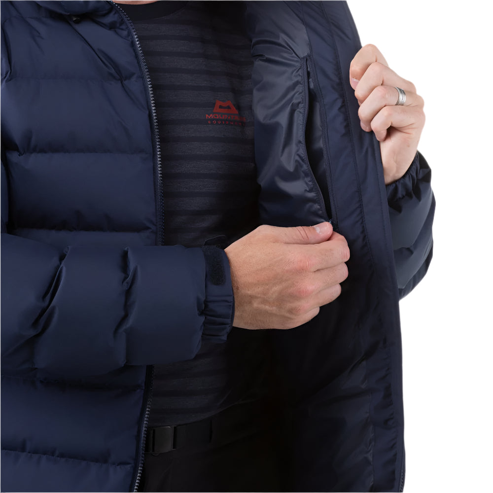 Mountain Equipment Lightline Eco Men's Jacket in Cosmos - side view showing elasticated hem with drawcord and adjustable cuffs