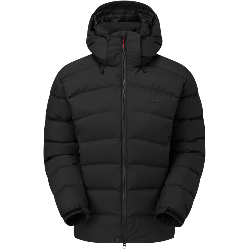 Mountain Equipment Lightline Eco Women's Jacket in Black - front view showing Drilite Loft 50D outer and zip-off Mountain Insulated Hood