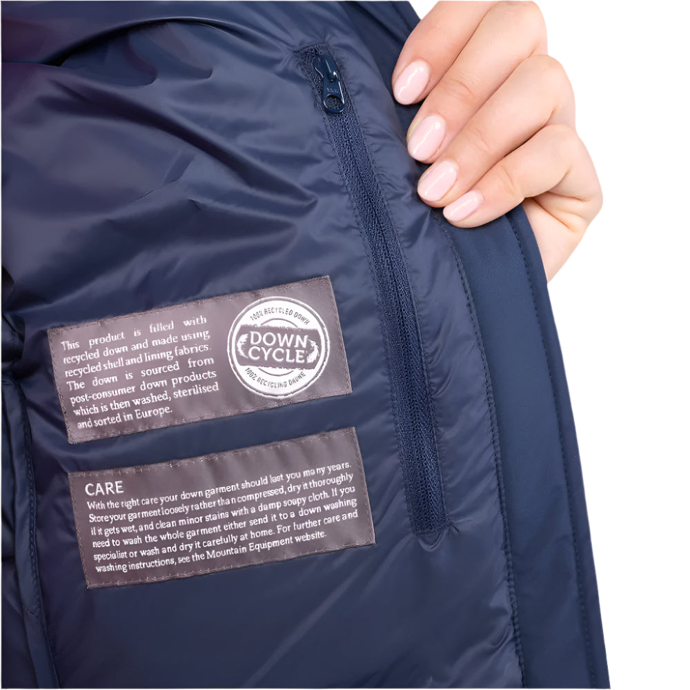 Stitch-through baffle construction detail on Mountain Equipment Lightline Eco Women's Jacket in Cosmos showing 700+ fill power recycled down insulation
